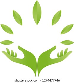 Two hands and many leaves in green logo