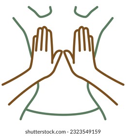 Two hands massaging another person waist. Vector bicolor outline icon of the back massage isolated on transparent background. Simple green - brown sketch