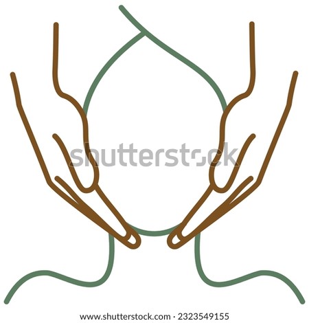 Two hands massaging another person head. Vector bicolor outline icon of the face massage isolated on transparent background. Simple green - brown sketch