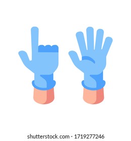 Two hands in medical gloves flat illustration. Open palm and pointed finger icons