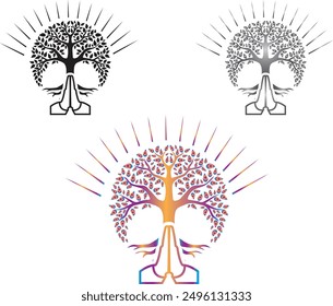 Two hands with meditating and praying tree. Colorful trees and gratitude are two hands. Sun rays surround the tree..ep