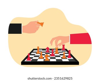 Two hands of men wearing suits are playing chess. Classic battle game think hard and strong strategy. Character designs. Vector flat illustration