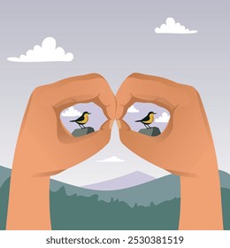 Two hands mimicking the shape of binoculars, "lens" framing a bird perched on a rock. There are mountains and sky with clouds. The image metaphorically suggests observation and focus on nature.