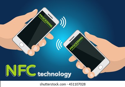 Two Hands Mobile Phones With NFC Processing Payment Technology Concept.