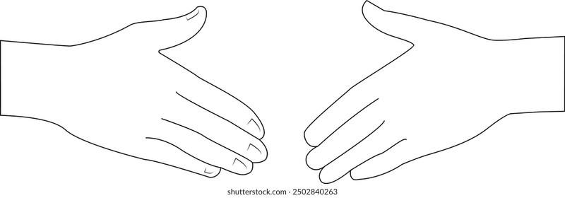 Two hands moving towards each other for a handshake. Outline vector illustration in black color. Transparent background