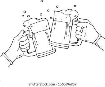 Two hands with mugs of beer. Vector hand drawn illustration. Cartoon style. For poster, print design, pub or bar, web, brewery, beer festival, party.