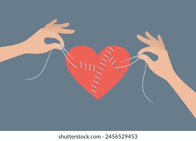 Dos manos con agujas e hilos cosiendo un corazón roto, Ilustración vectorial plana