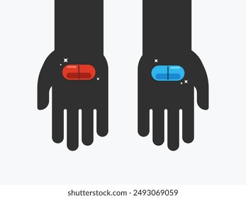 Two hands offer red pill and blue pill. Isolated Vector illustration