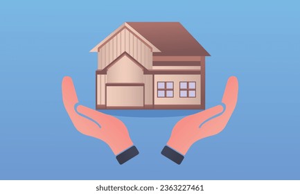 Zwei Hände mit einem Haus.auf blauem Hintergrund.Vektordesign-Illustration.