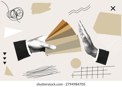 Two Hands Offering and Refusing Money Cards Halftone Collage Business Rejection Concept on Beige Background