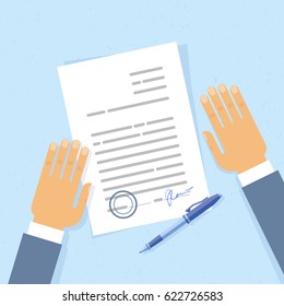 Two hands on the table. Businessman signed a business letter or document. Paper with seal and signature, and a pen are on the table. Blue background. Vector, illustration, flat