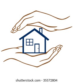 Two hands on top and below a house protecting it.