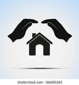 Two hands on top of the house as a symbol of protection. Vector.