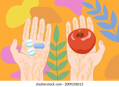 Two hands, one holding an apple and the other holding a pill. Conceptual vector illustration about a healthy lifestyle.