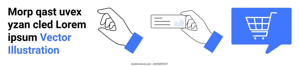 Two hands, one holding a blank card and the other a shopping cart in a speech bubble. Ideal for e-commerce, online shopping, payment methods, communication, graphic design, marketing, user interface
