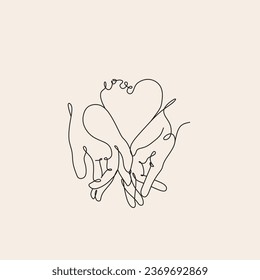 Ilustración del logotipo de dos manos de una línea de amor. Afiche romántico minimalista. Idea del corazón