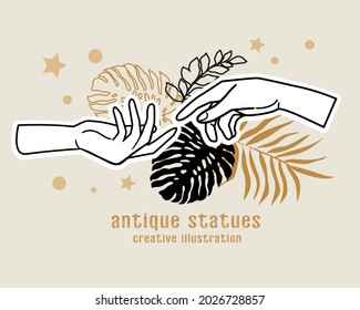 Dos manos en una línea y hojas de palma. Ilustración vectorial aislada. Tendencia minimalista, esculturas antiguas