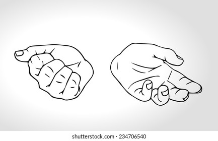 Two Hands With Open Fist And Close Fist. Concept Of Choice. Squeezed In A Fist. Outline Vector Illustration