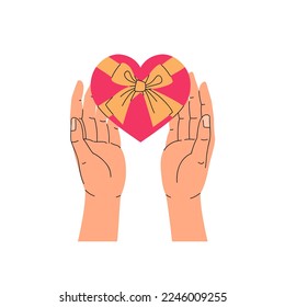 Dos manos en palmas abiertas sosteniendo una caja de regalo en forma de corazón rojo con arco y cintas. Vista superior. Presente, regalo para el Día de San Valentín, cumpleaños. Ilustración vectorial plana de moda aislada en fondo blanco.