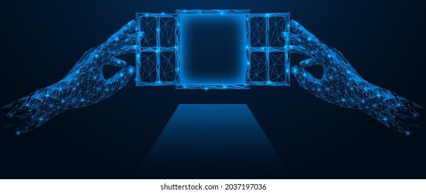 Two hands open the windows. A portal to the world of technology. Low-poly construction of lines and points. Blue background.