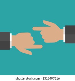 Dos manos en frente, aisladas sobre un fondo turquesa. Navegación, señalando, mostrando. un concepto tintado. disputa, controversia, discusión, argumentación. Ilustración de búsqueda de vectores.