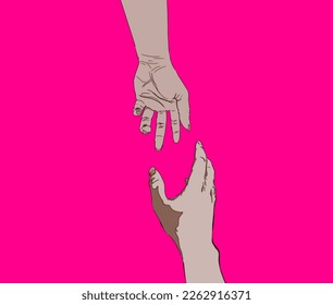 dos manos extendidas, deseando agitar, hombro a hombro o ayudarse mutuamente en un fondo rosado