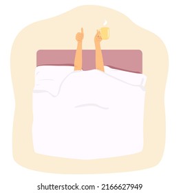 Two hands over the blanket. One hand showing thumb up sign and other holding cup with a hot drink. Flat vector illustration