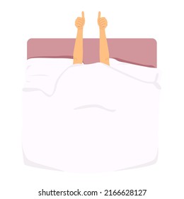 Two hands over the blanket showing thumb up sign. Flat vector illustration.