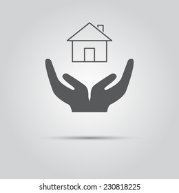 two hands over which hovers house isolated icon