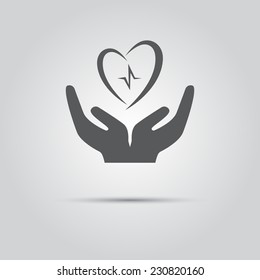 two hands over which hovers heart and heartbeat isolated icon