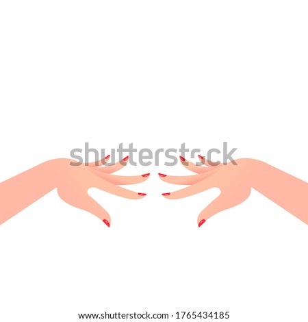Two hands with painted nails. Manicure on nails, red bright nail polish, female graceful hands, keep in front of you. Fingers spread out. Vector illustration, flat cartoon design, eps 10.