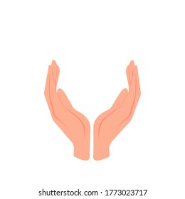 Two hands palm up. Concept: gesture to protect, protect, support. Vector illustration, flat cartoon design isolated on white background, eps 10.