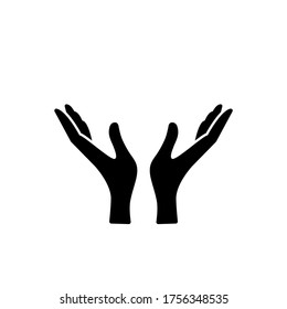Two hands palm up. Vector icon, black silhouette isolated on white background. Flat minimal design, eps 10. Concept: keep, support, take care, protect.