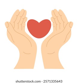 Two hands with palms facing upwards, holding red heart, symbolizing care, love, and support, compassion, warmth, and charity. Vector illustration flat style 