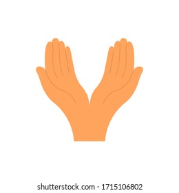 Two hands with palms forward and up on a white background. Vector flat cartoon illustration.