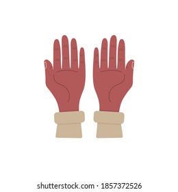 Two hands, palms up. Dark African skin. Concept: the basis for the presentation, hold, carry anything. Vector illustration, flat cartoon color minimal design isolated on white background, eps 10.