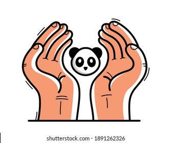 Two hands with panda bear protecting and showing care vector flat style illustration isolated on white, cherish and defense for wild animals concept, wildlife species protection.