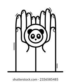 Two hands with panda bear protecting and showing care vector flat style illustration isolated on white, cherish and defense for wild animals concept, wildlife species protection.
