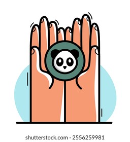 Two hands with panda bear protecting and showing care vector flat style illustration isolated on white, cherish and defense for wild animals concept, wildlife species protection.