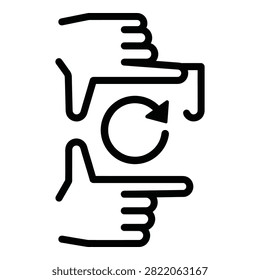 Two hands passing a circular arrow icon, symbolizing exchange, rotation, or transfer