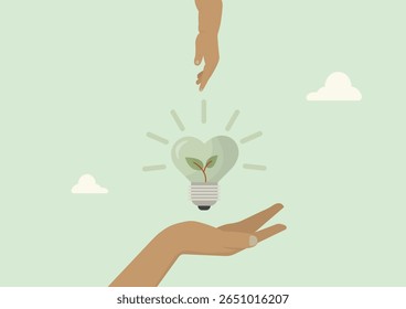 Two hands passing eco-friendly light bulb with plant inside between them, symbolizing knowledge sharing and collaborative green energy innovation. Renewable energy concept. Vector illustration