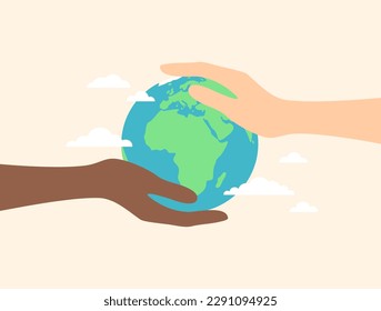 Zwei Hände von Menschen unterschiedlicher ethnischer Herkunft, die den Planeten Erde auf beigem Hintergrund halten. Flache Vektorgrafik