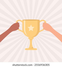 Two hands of people of different skin tones holding a golden trophy cup on a beige background with radial rays, flat vector illustration