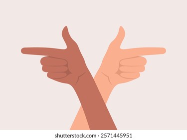 Two hands of people of different skin tones pointing with index fingers in opposite directions, flat vector illustration