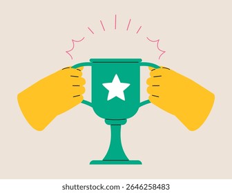 Two hands of people of holding a trophy cup. Colorful vector illustration
