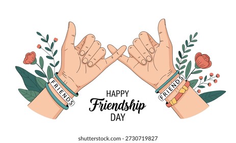 Two hands performing a pinky swear gesture while wearing bracelets with the word friends amidst a decorative floral and leaf arrangement.