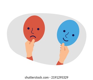 Two hands of a person holds two masks and suffers from split dual personality disorder . Illustration of schizophrenia. Bipolar and duality, psychology, mood swings concept. Vector illustration