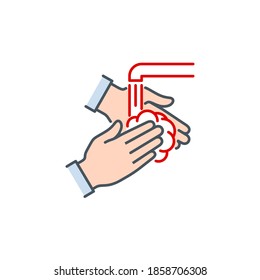 Two Hands Of A Person Are Washed With Soap Under Running Water Single Line Icon Isolated On White. Perfect Outline Symbol Clean Palm Coronavirus Covid 19 Banner Wash Hands With Editable Stroke Line