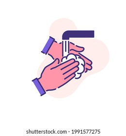 Two Hands Of A Person Are Washed With Soap Under Running Water Single Flat Icon Isolated On White. Perfect Flat Symbol Clean Palm Coronavirus Covid 19 Banner Wash Hands