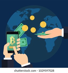 Two hands with a phone and with golden coins on a blue background. Vector stacked golden coins.